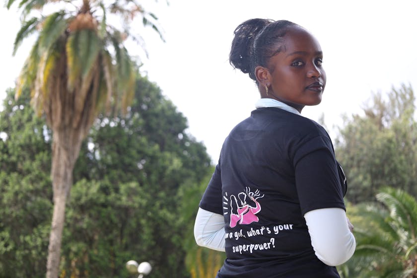 Banchiamlak, She Leads Advocate in Ethiopia, showing her back T-shirt message “I’m a girl, what’s your superpower?” at the 