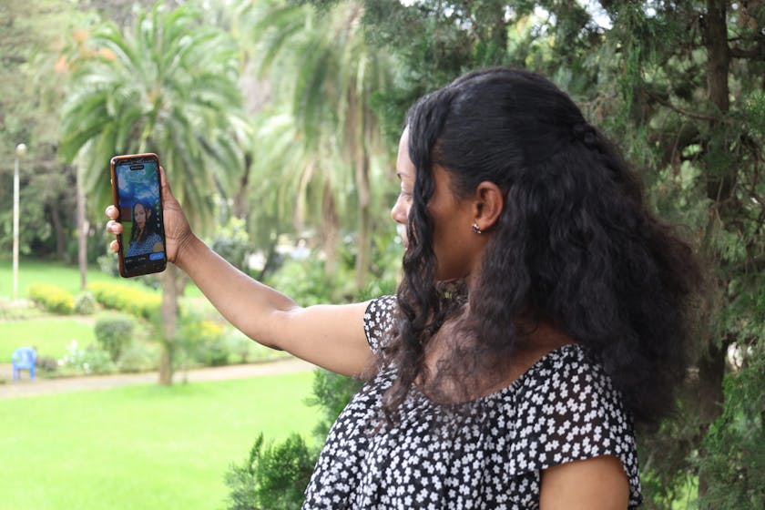 Frehyiwot, She Leads Advocate in Ethiopia, taking selfie photos of her at the 